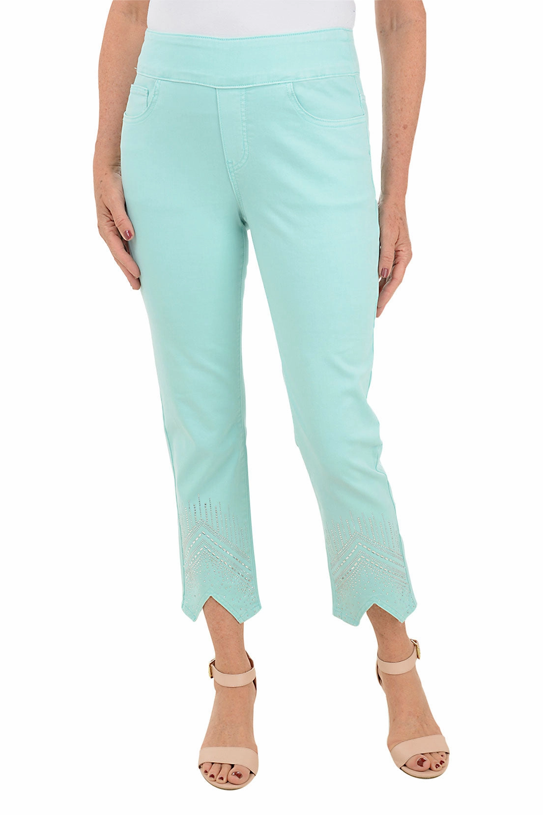 Soft and Cozy Low Bulk Material Chevron Rhinestone Denim Ankle Pant