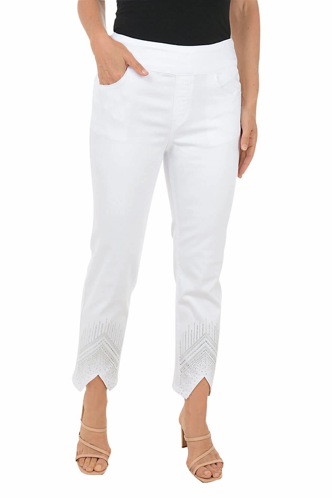 Chevron Rhinestone Denim Ankle Pant Comfortable Leg