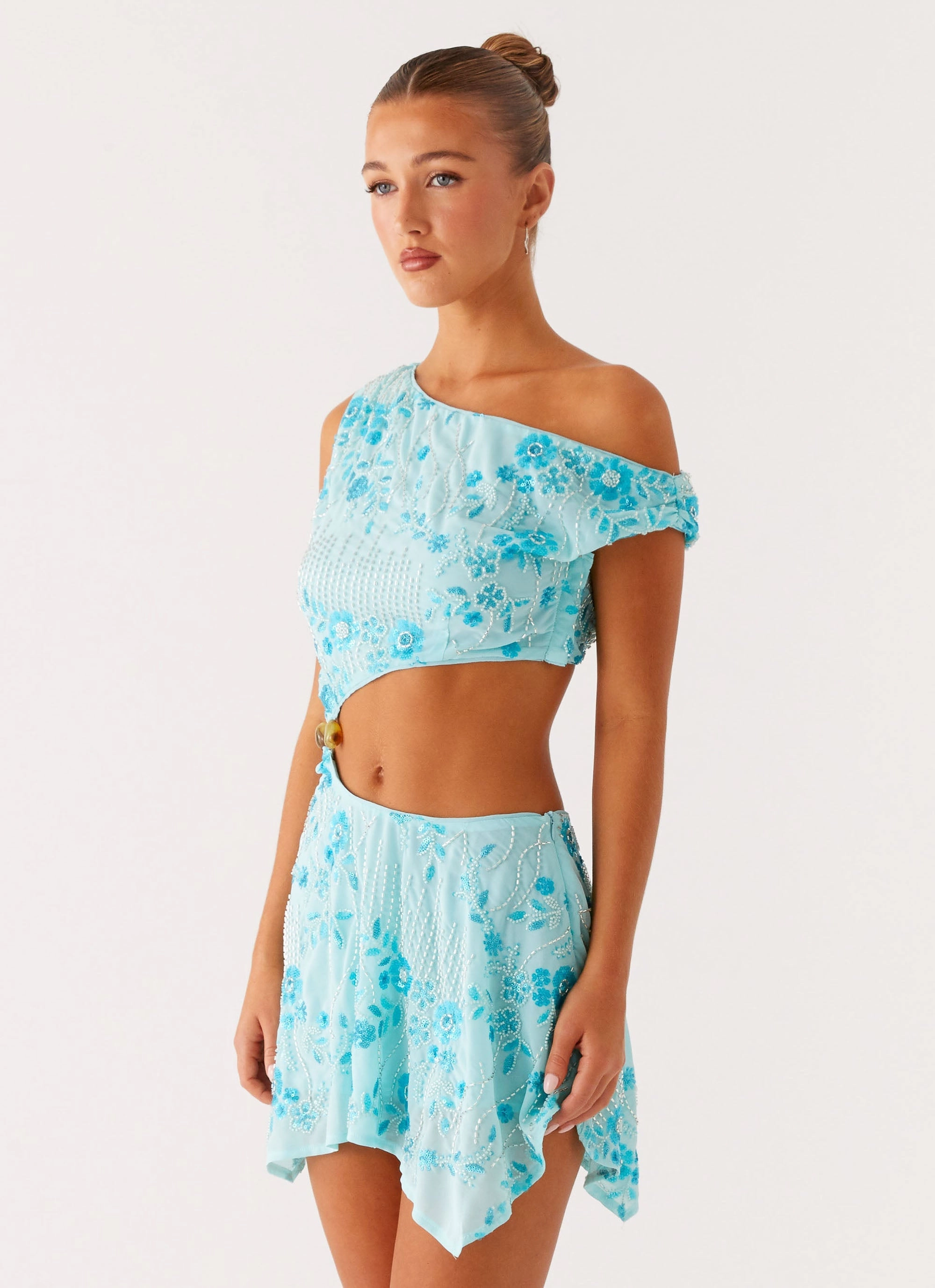 Mesh-Sleeve Social Charm Aletta Sequin Mini Dress - Blue