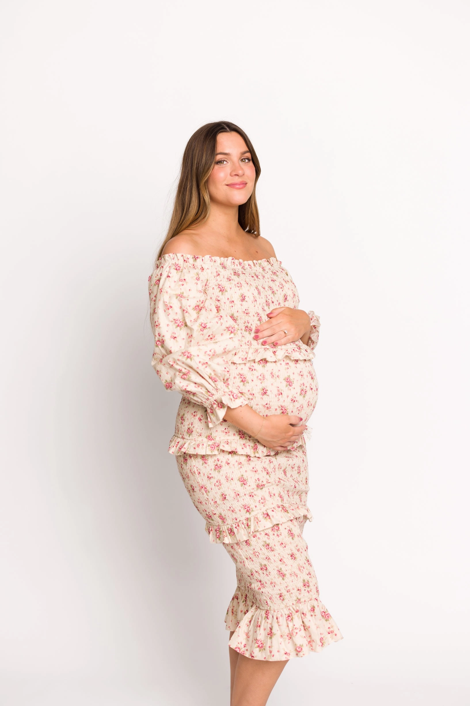 Lila Floral Printed Smocked Midi Dress in Pink - Bump Friendly *Final-Sale* Plus Fit