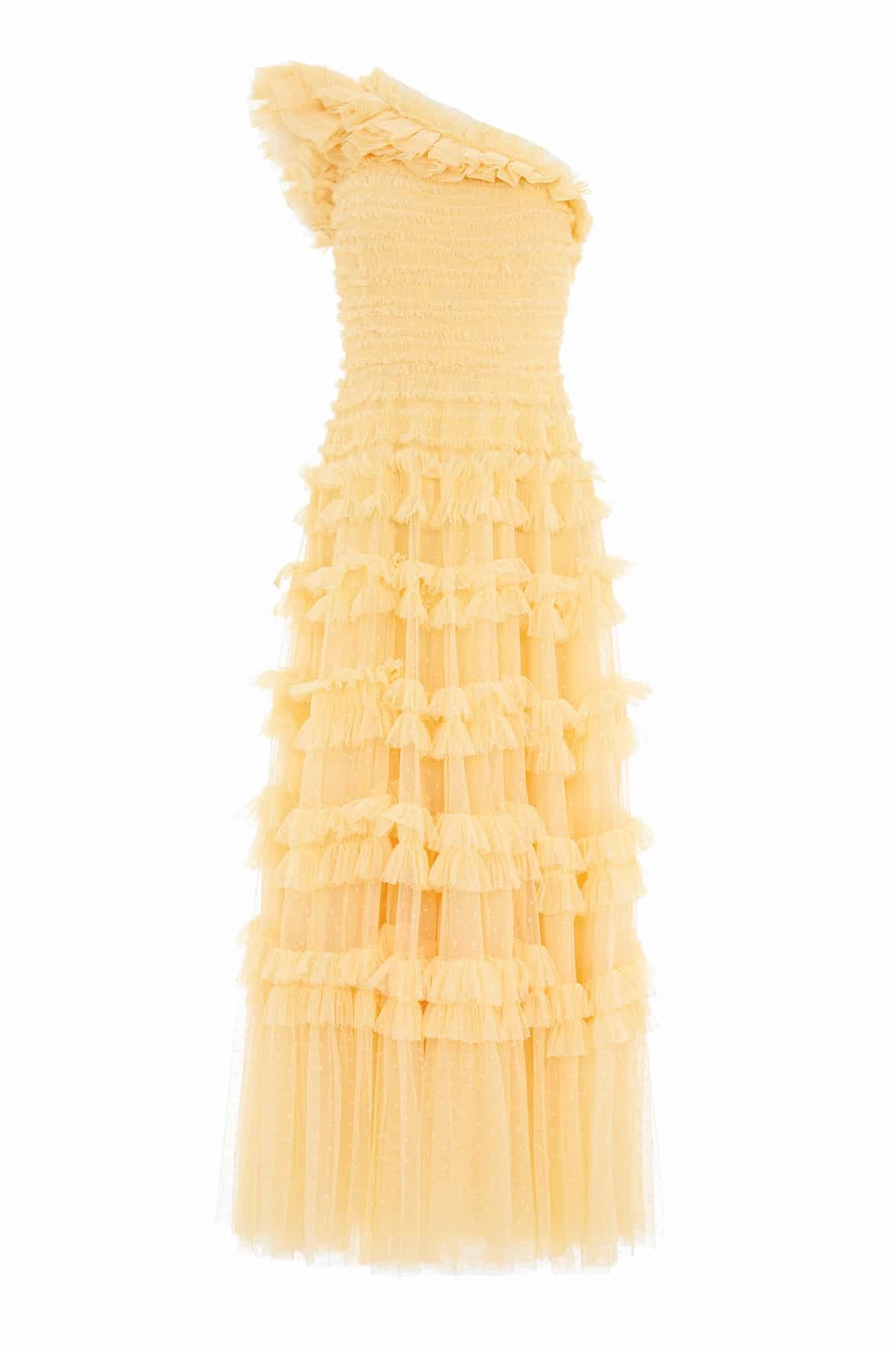 Casual Comfort Wear Button Chic Lisette Ruffle One-Shoulder Gown