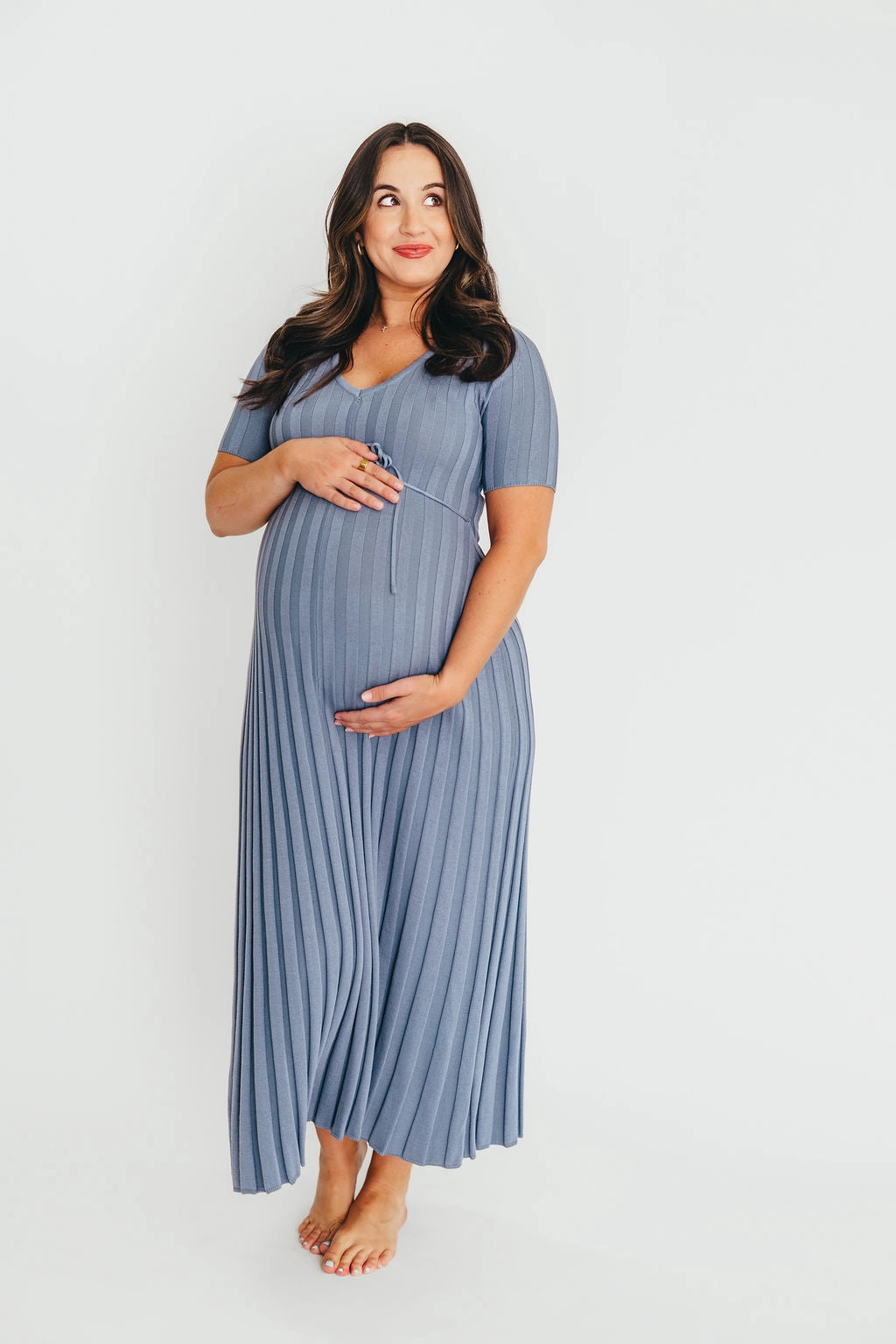 Draped Fabric ComfortFitDesign Oakley Ribbed Maxi Dress in Dusty Blue - Bump Friendly *Final-Sale*