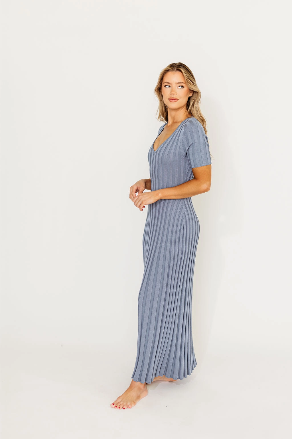 Oakley Ribbed Maxi Dress in Dusty Blue - Bump Friendly *Final-Sale* Natural Aesthetic Noble Glow
