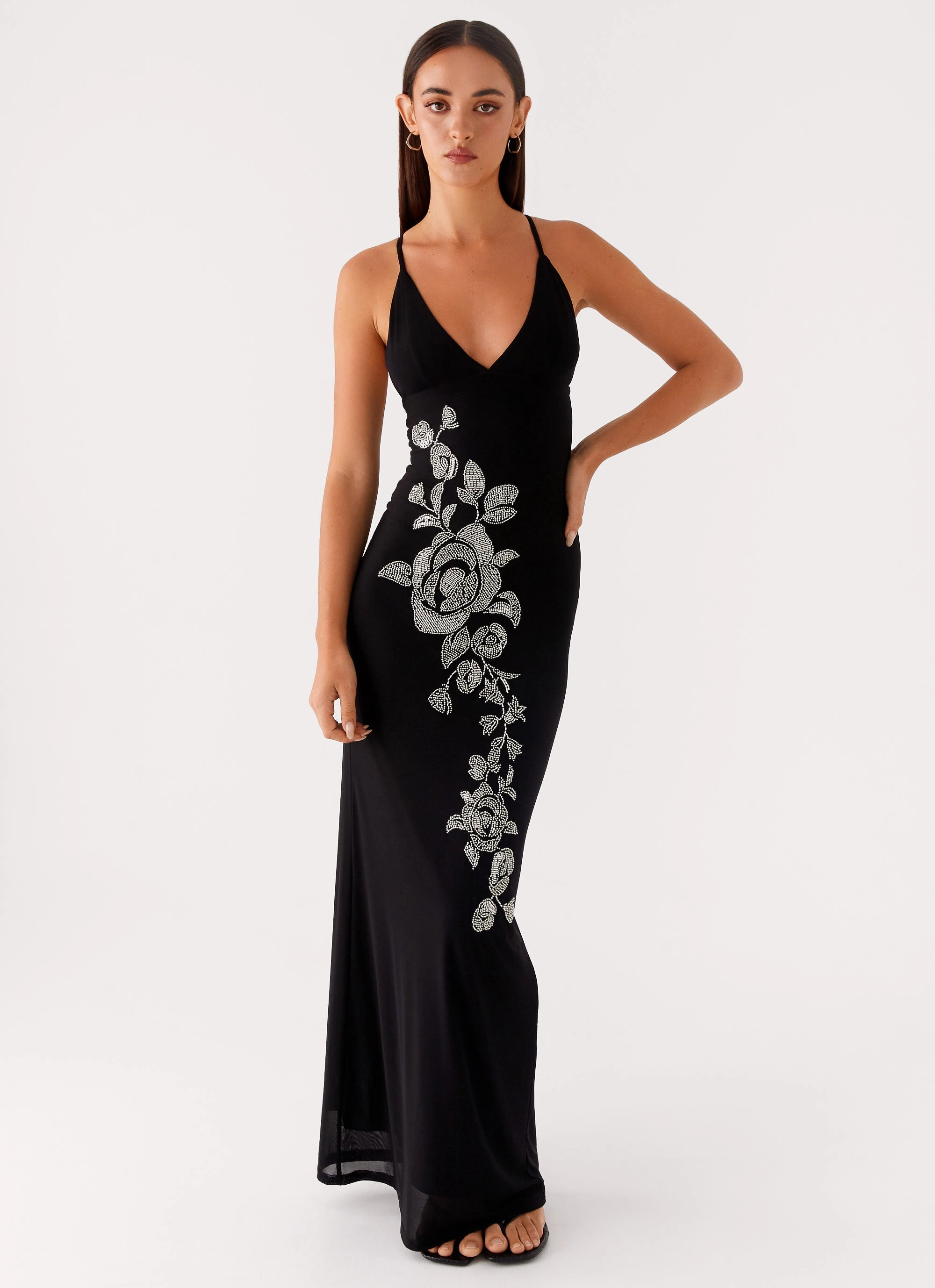 Soft Drape Vintage Style Beki Beaded Mesh Maxi Dress - Black