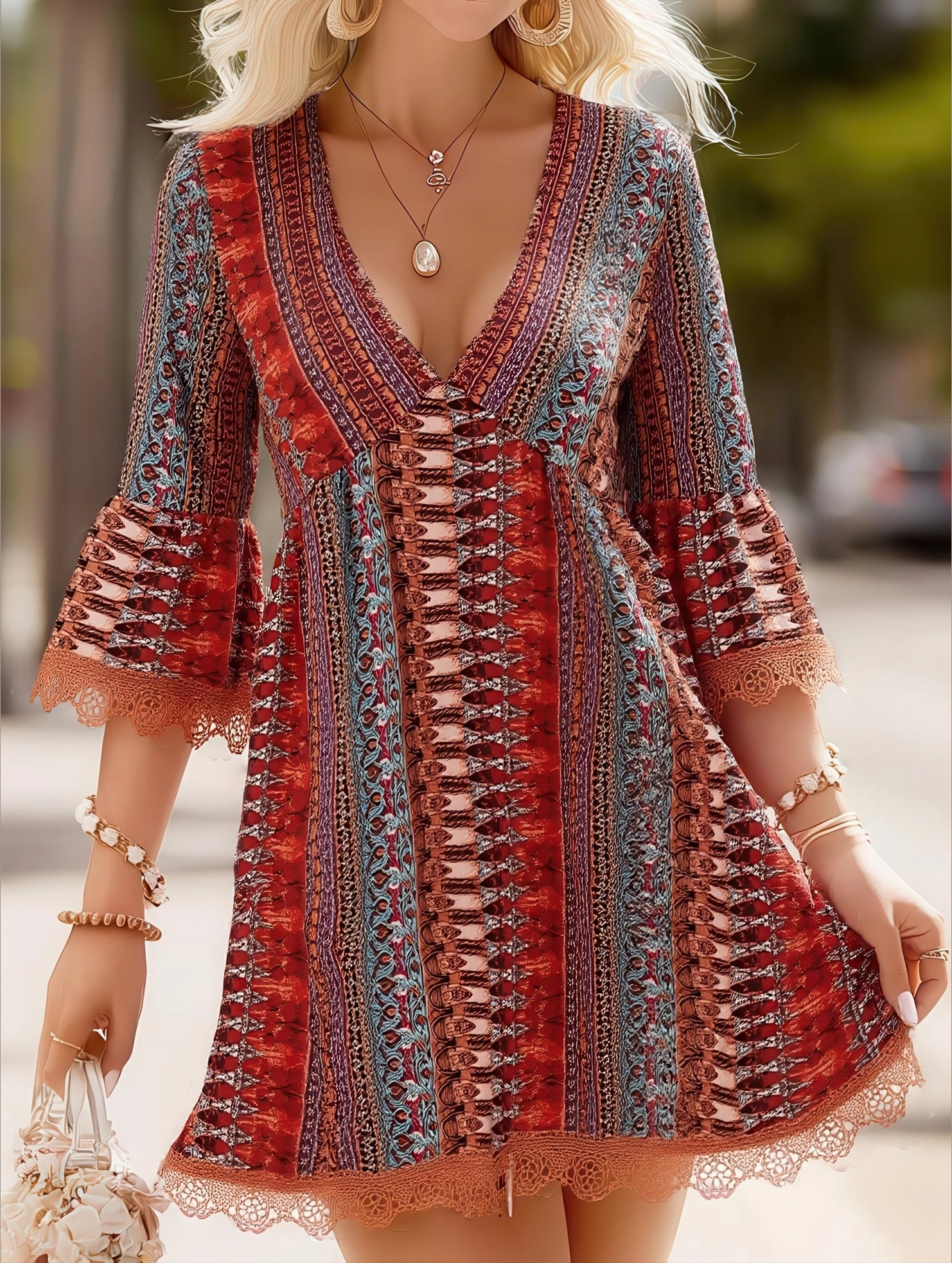 Cozy Wearable Women's V-Neck Ethnic Print Loose Short Dress ??Bohemian Summer Casual Dress