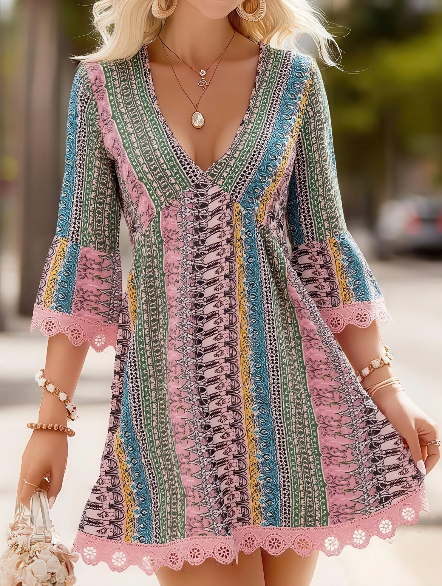 Women's V-Neck Ethnic Print Loose Short Dress ??Bohemian Summer Casual Dress Charming Style Petite-Size