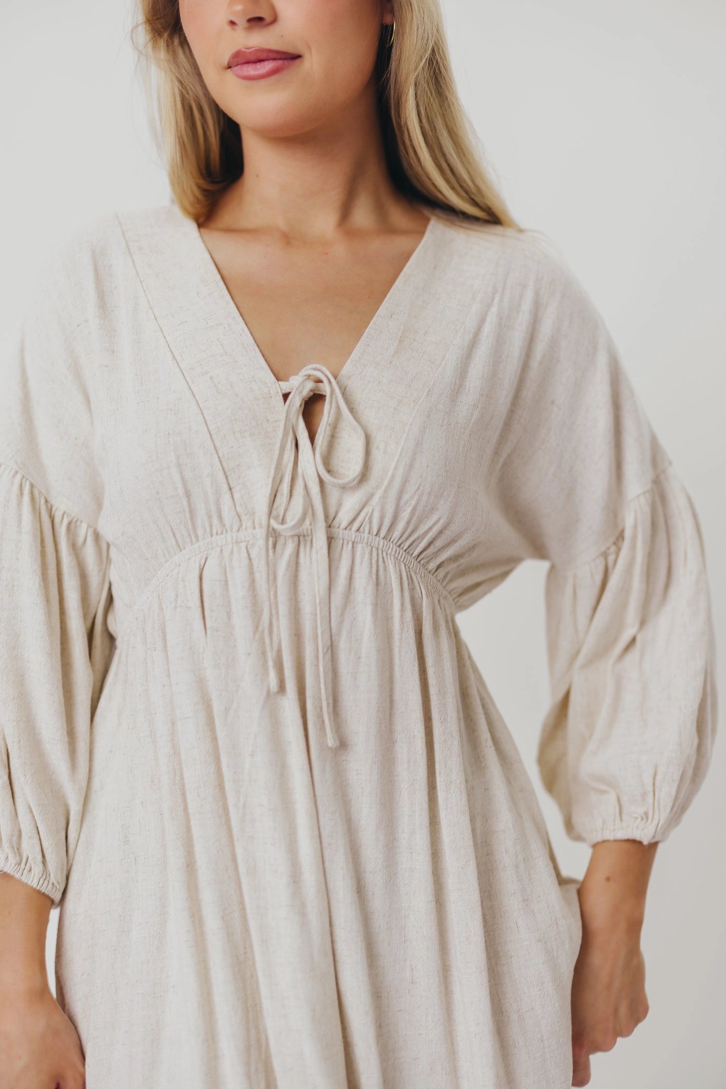 Hunter Linen-Blend Midi Dress in Greige - Bump Friendly Air Touch Movement Friendly