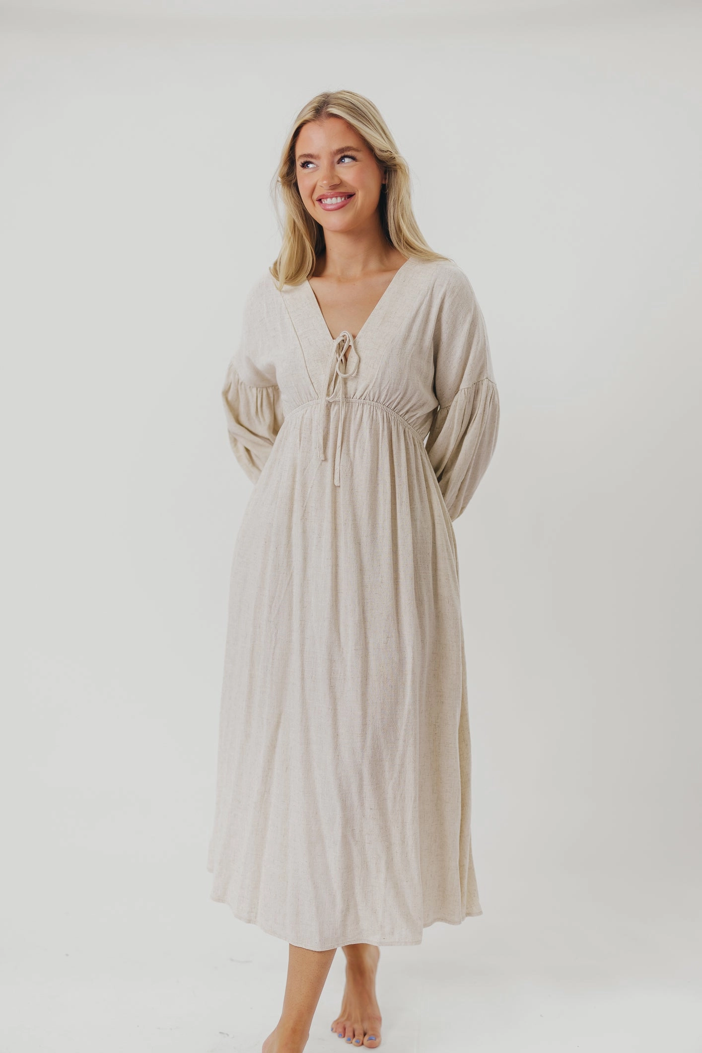 Hunter Linen-Blend Midi Dress in Greige - Bump Friendly Smart touch Kind Glow