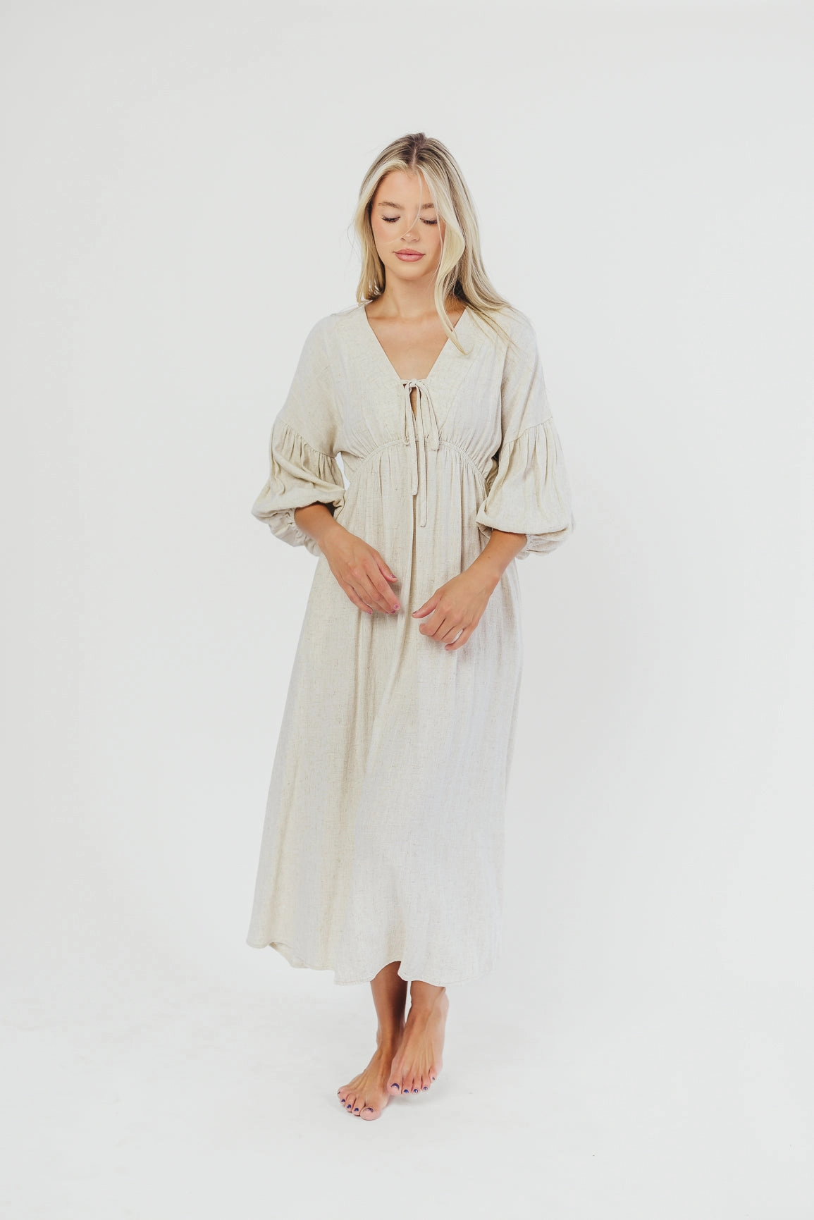 Soft Appeal Travel-friendly Hunter Linen-Blend Midi Dress in Greige - Bump Friendly
