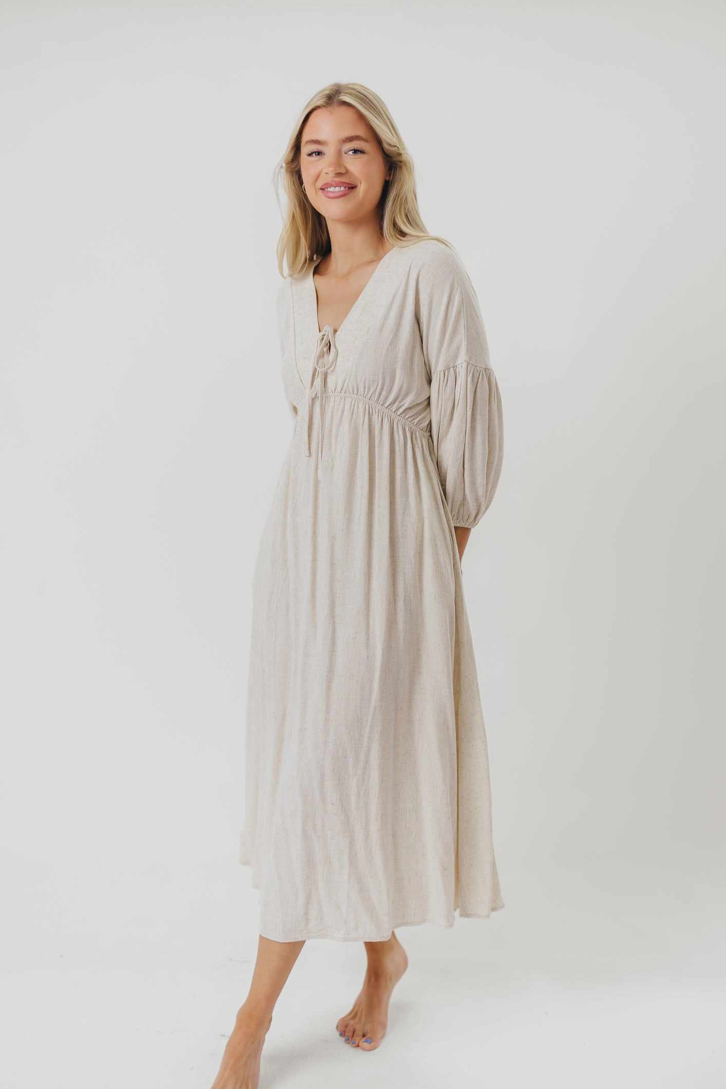 Hunter Linen-Blend Midi Dress in Greige - Bump Friendly All Inclusive garden party