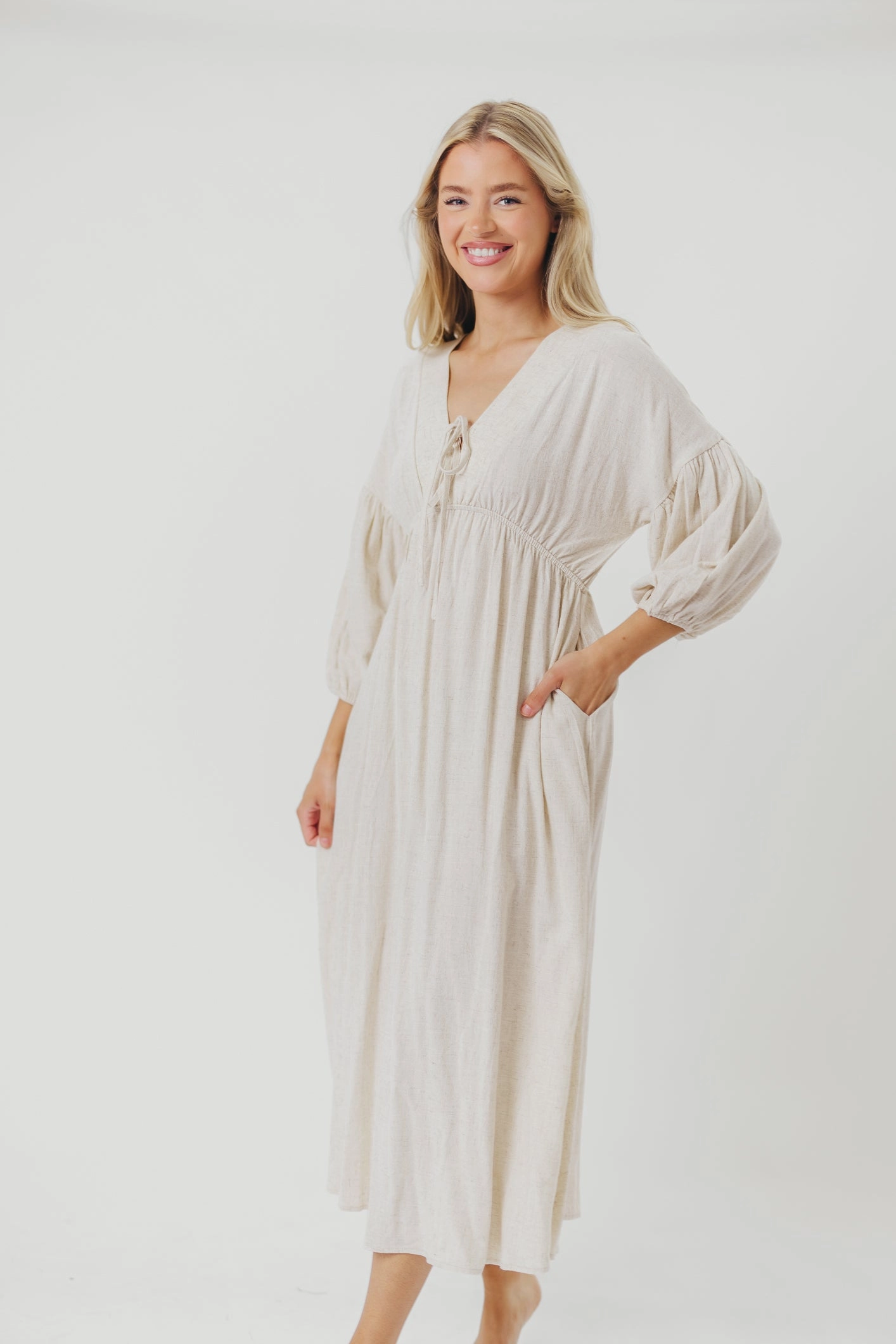 Editors-Pick Hunter Linen-Blend Midi Dress in Greige - Bump Friendly