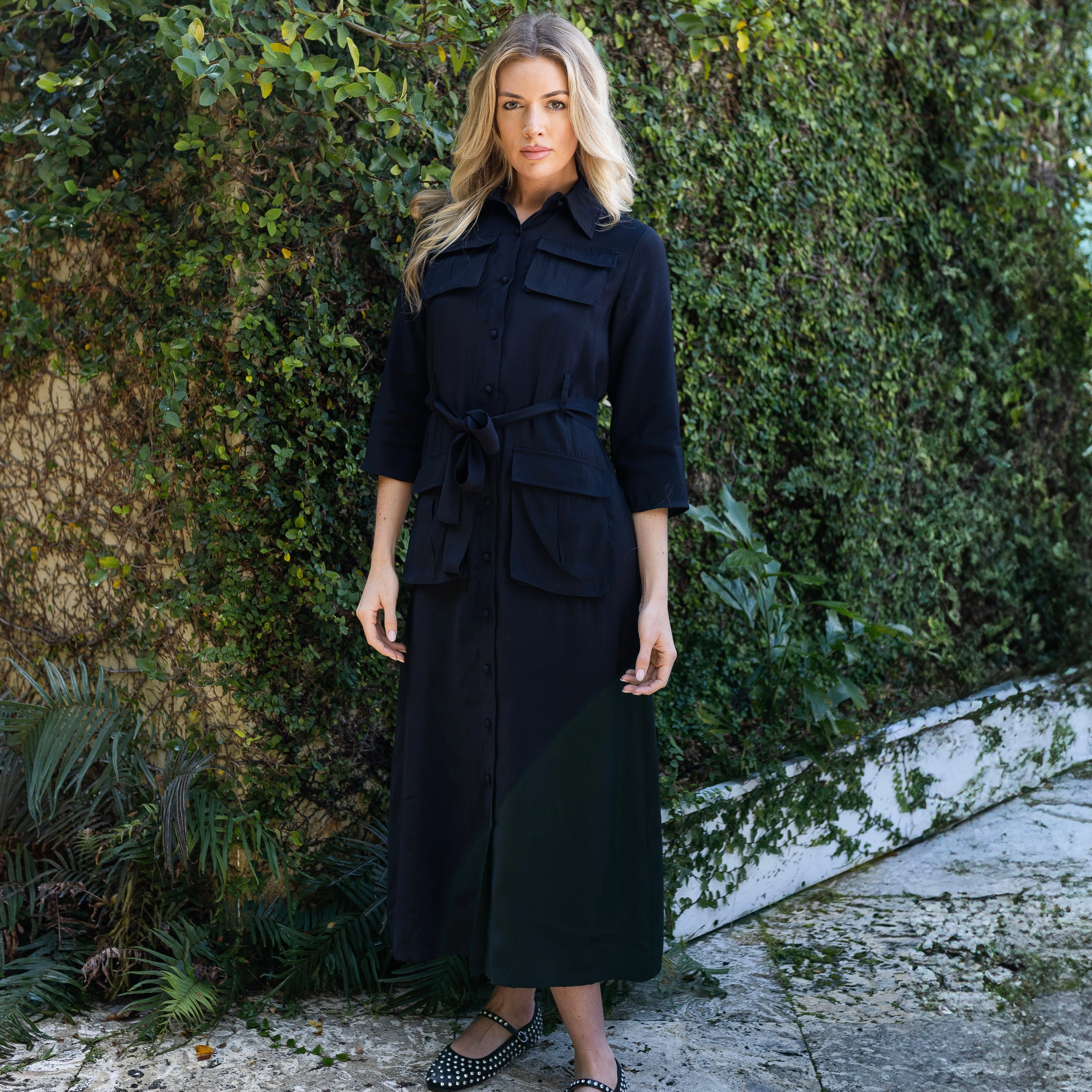 Cozy Fit Flared-Hem Belted Shirtdress | Black [Final Sale]
