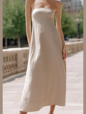 Seasonal Comfort Calm Fit Chic Strapless Slim Tube Dress ??Elegant Cotton & Flax Blend