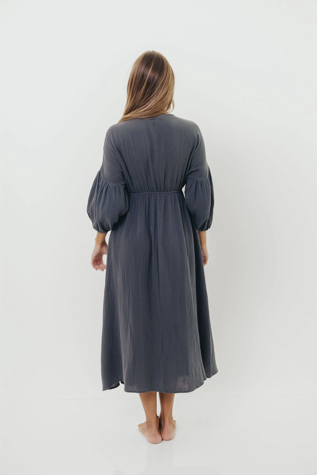 Airy Layer Hunter 100% Cotton Gauze Midi Dress in Dusty Navy - Bump Friendly