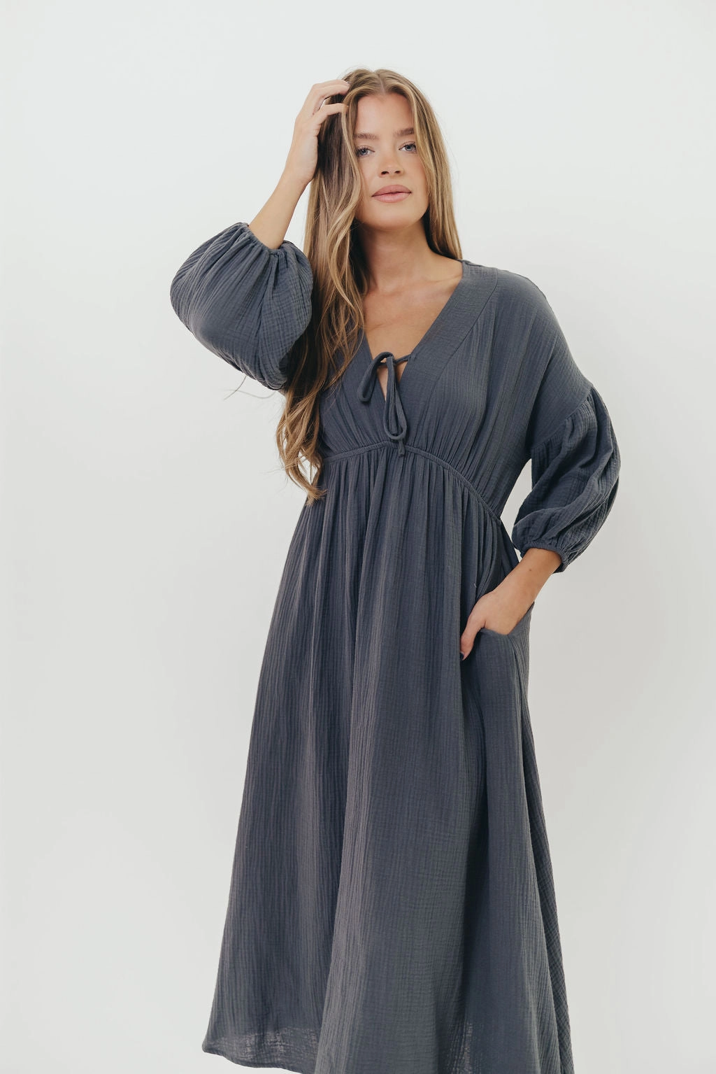 All weather Day Fit Hunter 100% Cotton Gauze Midi Dress in Dusty Navy - Bump Friendly
