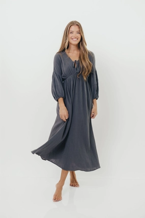 Hunter 100% Cotton Gauze Midi Dress in Dusty Navy - Bump Friendly Relaxed Design Versatile Comfort Wear