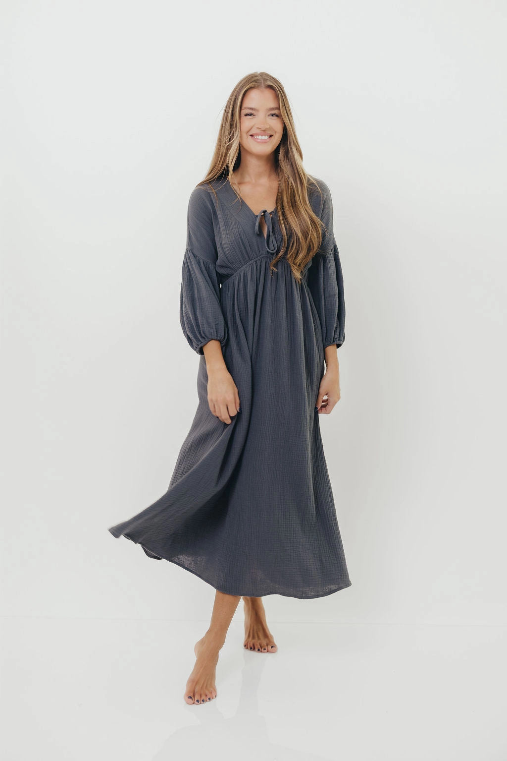 Hunter 100% Cotton Gauze Midi Dress in Dusty Navy - Bump Friendly Relaxed Design Versatile Comfort Wear