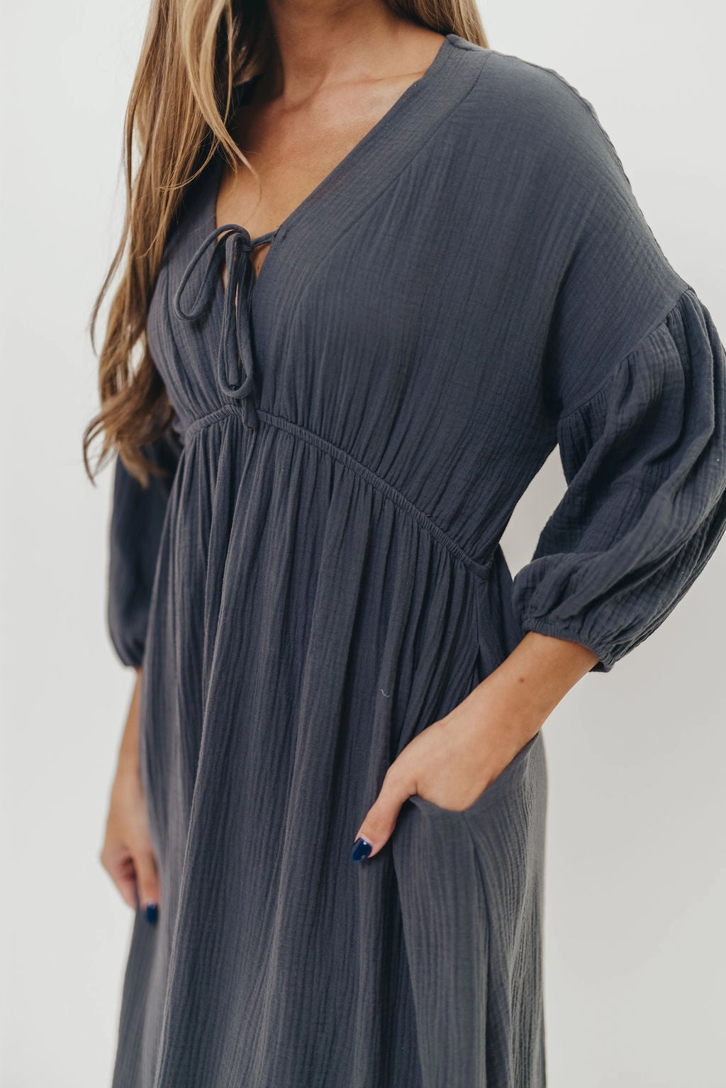 Hunter 100% Cotton Gauze Midi Dress in Dusty Navy - Bump Friendly Daywear Comfort Side Ruching