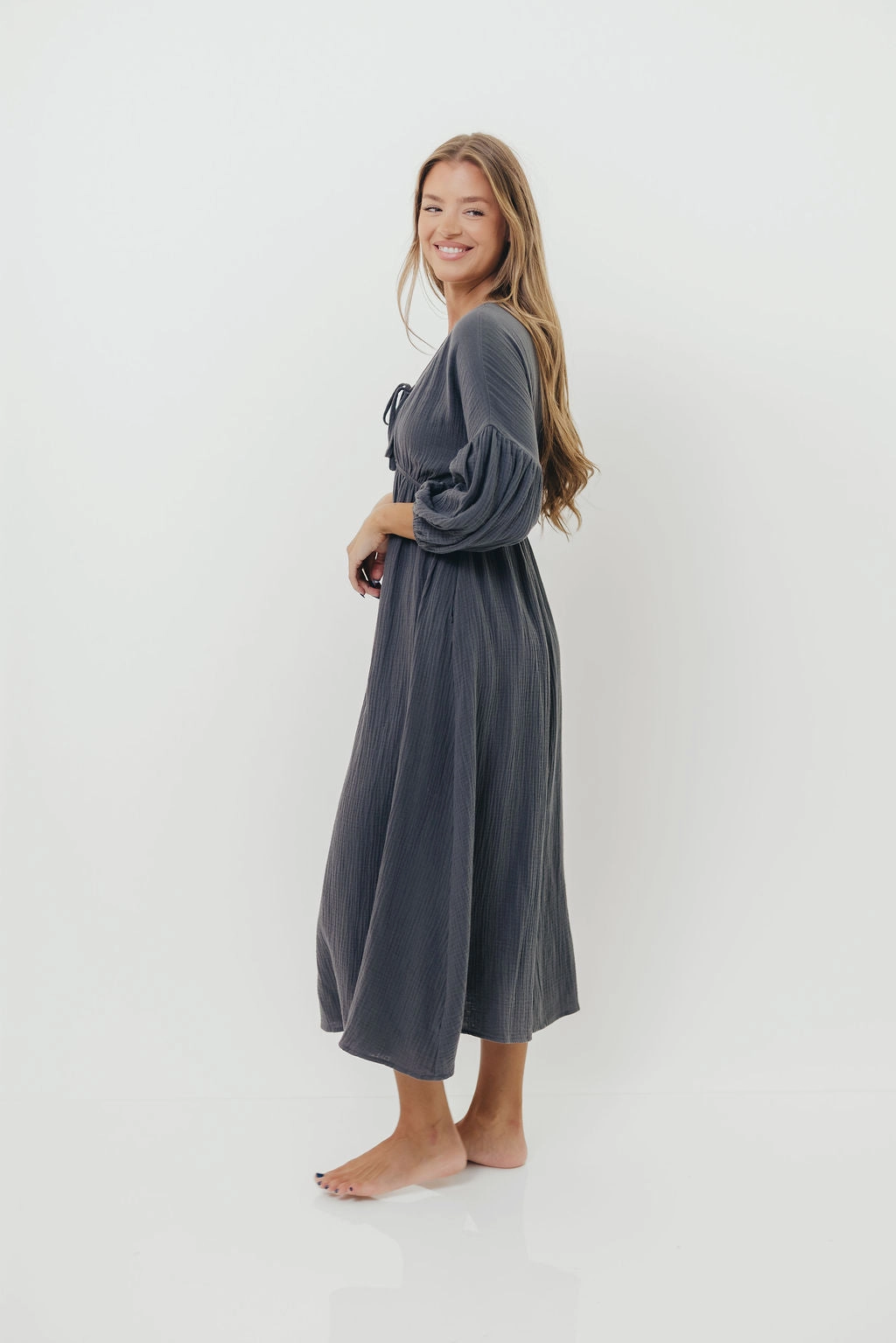 Hunter 100% Cotton Gauze Midi Dress in Dusty Navy - Bump Friendly Chic and Cozy Soft-Lining