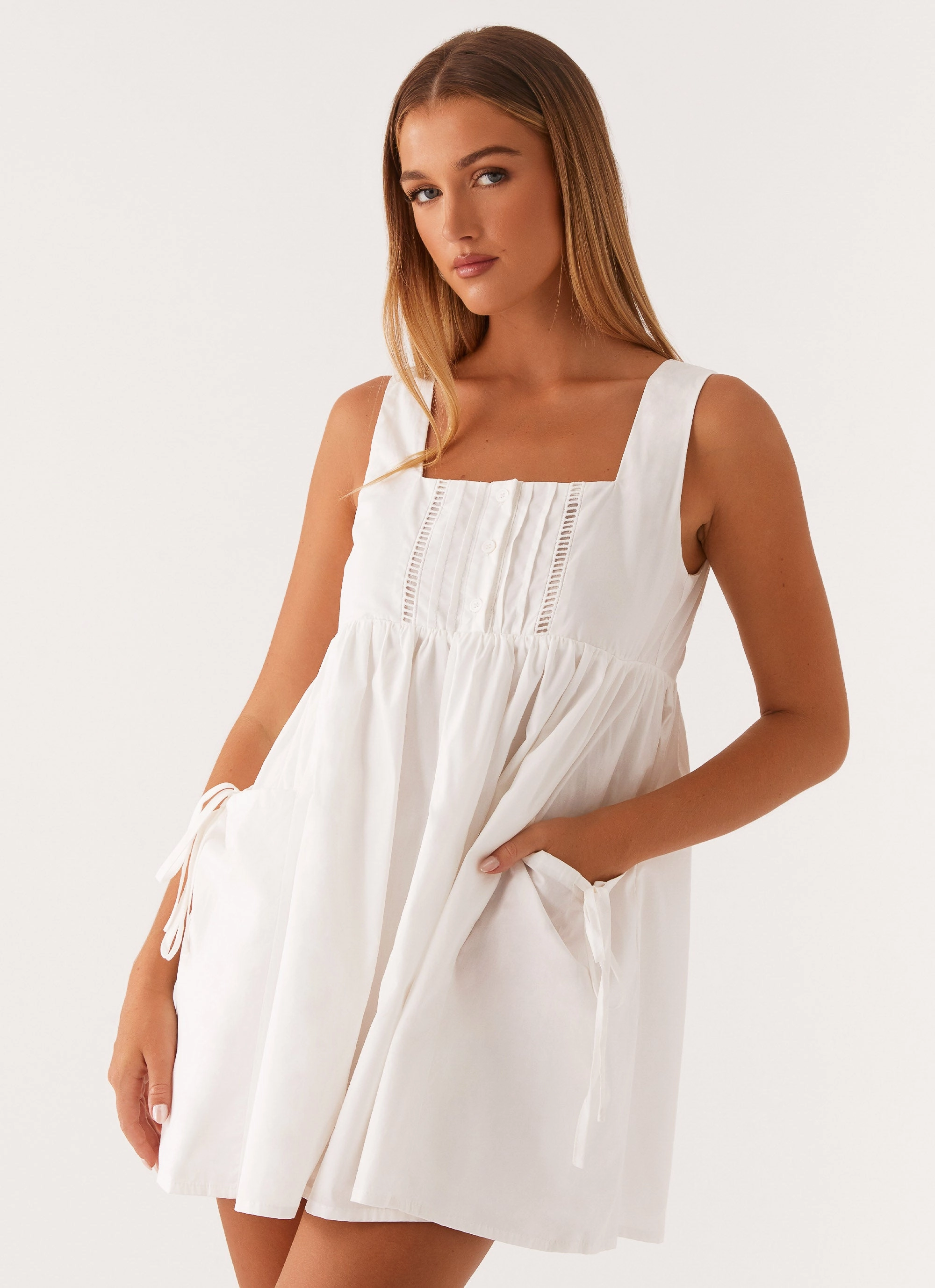 Ottoline Babydoll Mini Dress - White Stylish Waist Fit
