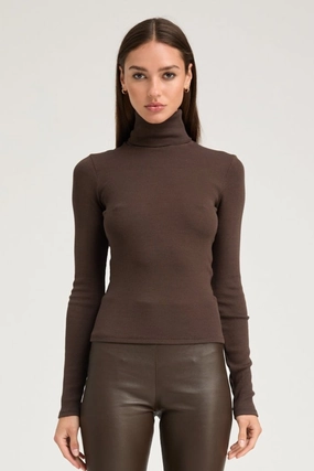 Chocolate Rib Long Sleeve Turtleneck Stretch Blouse