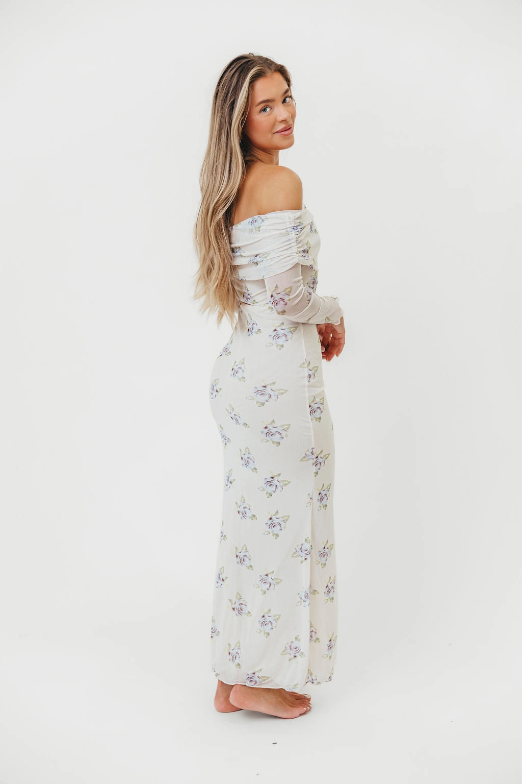 Neutral Layer Silk Shine Chrishell Off Shoulder Maxi Dress in Cream
