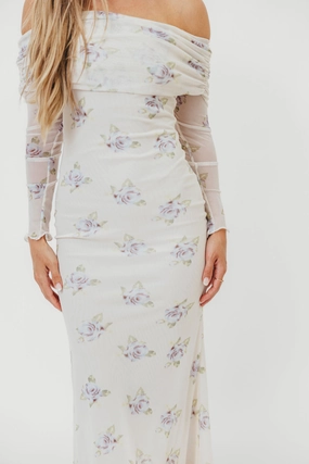 Kind Glow Feminine Structure Chrishell Off Shoulder Maxi Dress in Cream