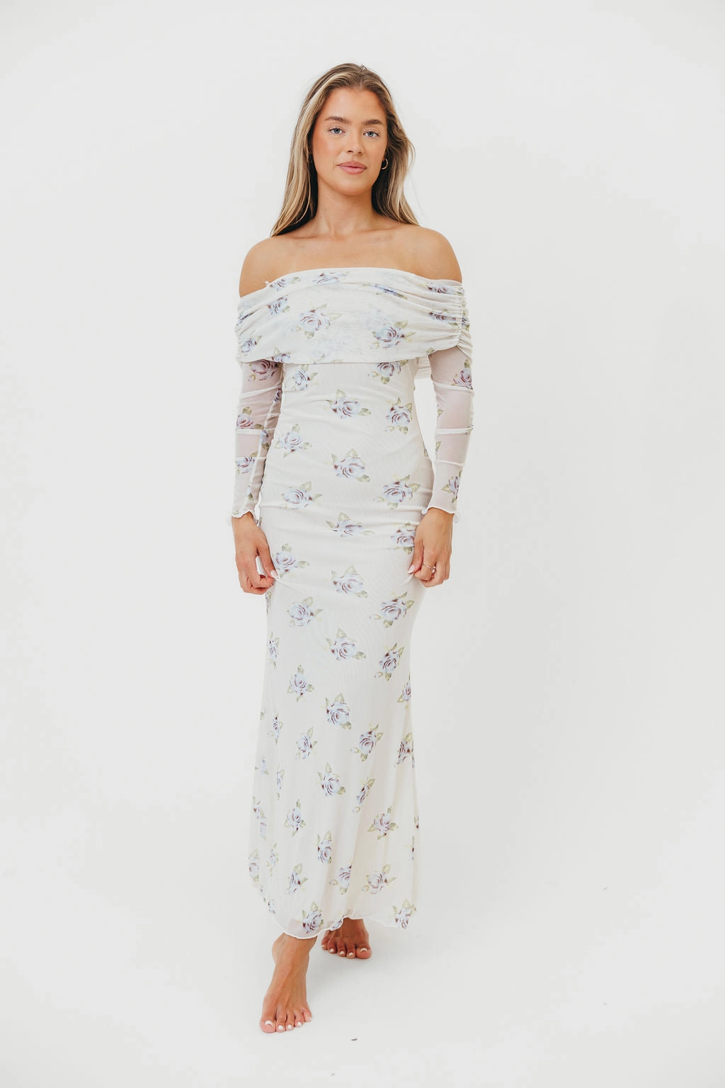 Modern and Feminine Summer Wardrobe Chrishell Off Shoulder Maxi Dress in Cream