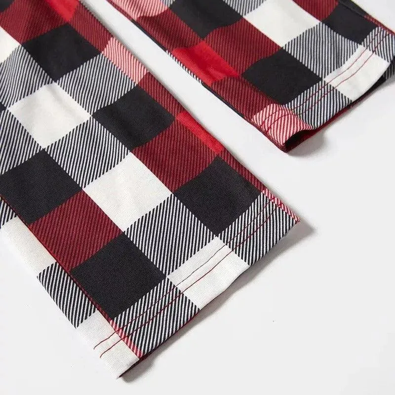 Christmas Cartoon and 'Merry Whatever' Letter Print Contrast Tops and Red & Black & White Plaid Pants Family Matching Pajamas Set With Dog Bandana