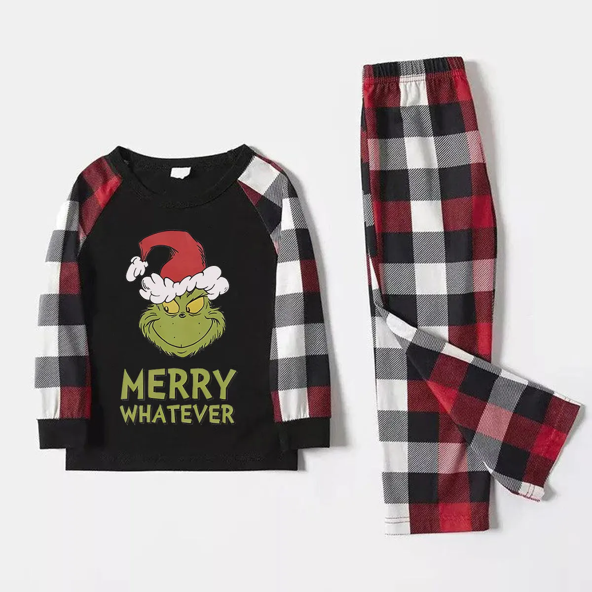 Christmas Cartoon and 'Merry Whatever' Letter Print Contrast Tops and Red & Black & White Plaid Pants Family Matching Pajamas Set With Dog Bandana