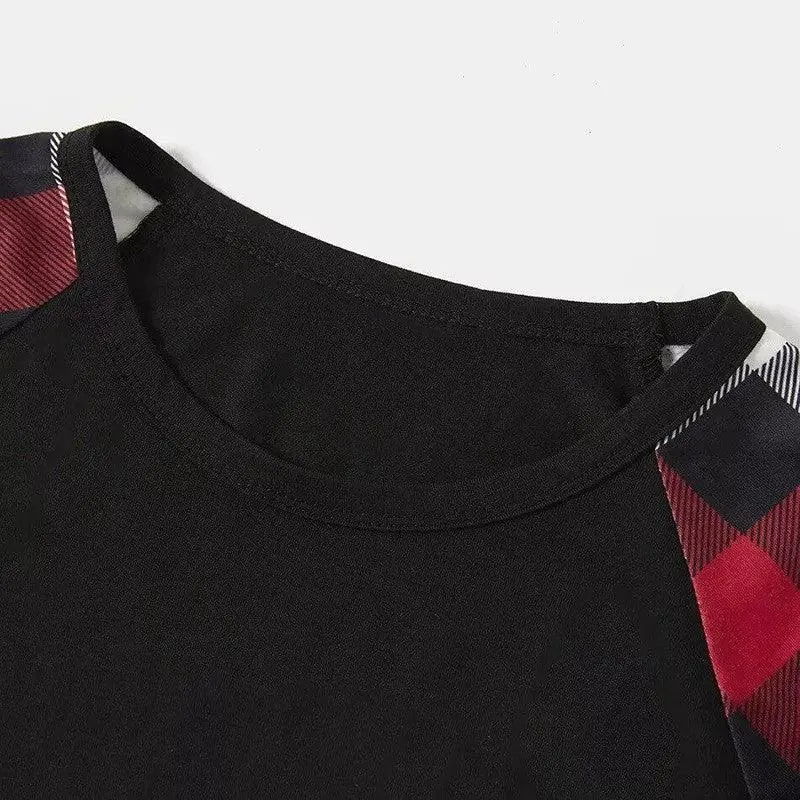 Christmas Cartoon and 'Merry Whatever' Letter Print Contrast Tops and Red & Black & White Plaid Pants Family Matching Pajamas Set With Dog Bandana