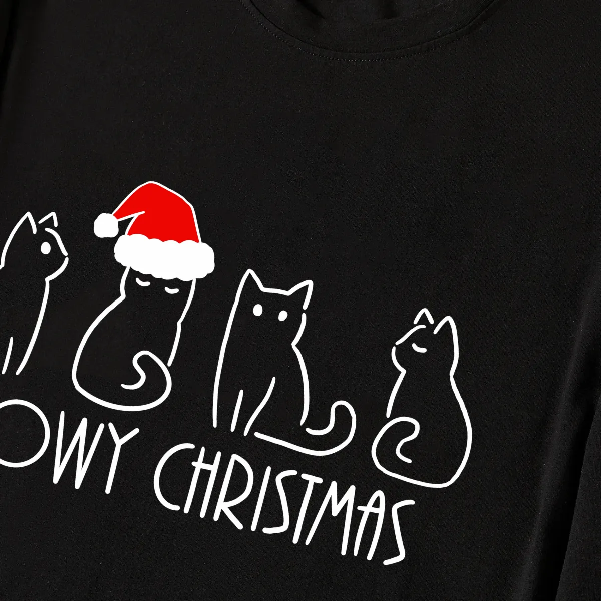 Christmas Cartoon Cat Print Black Long Sleeve Top with Green and Black Plaid Family Matching Pajamas