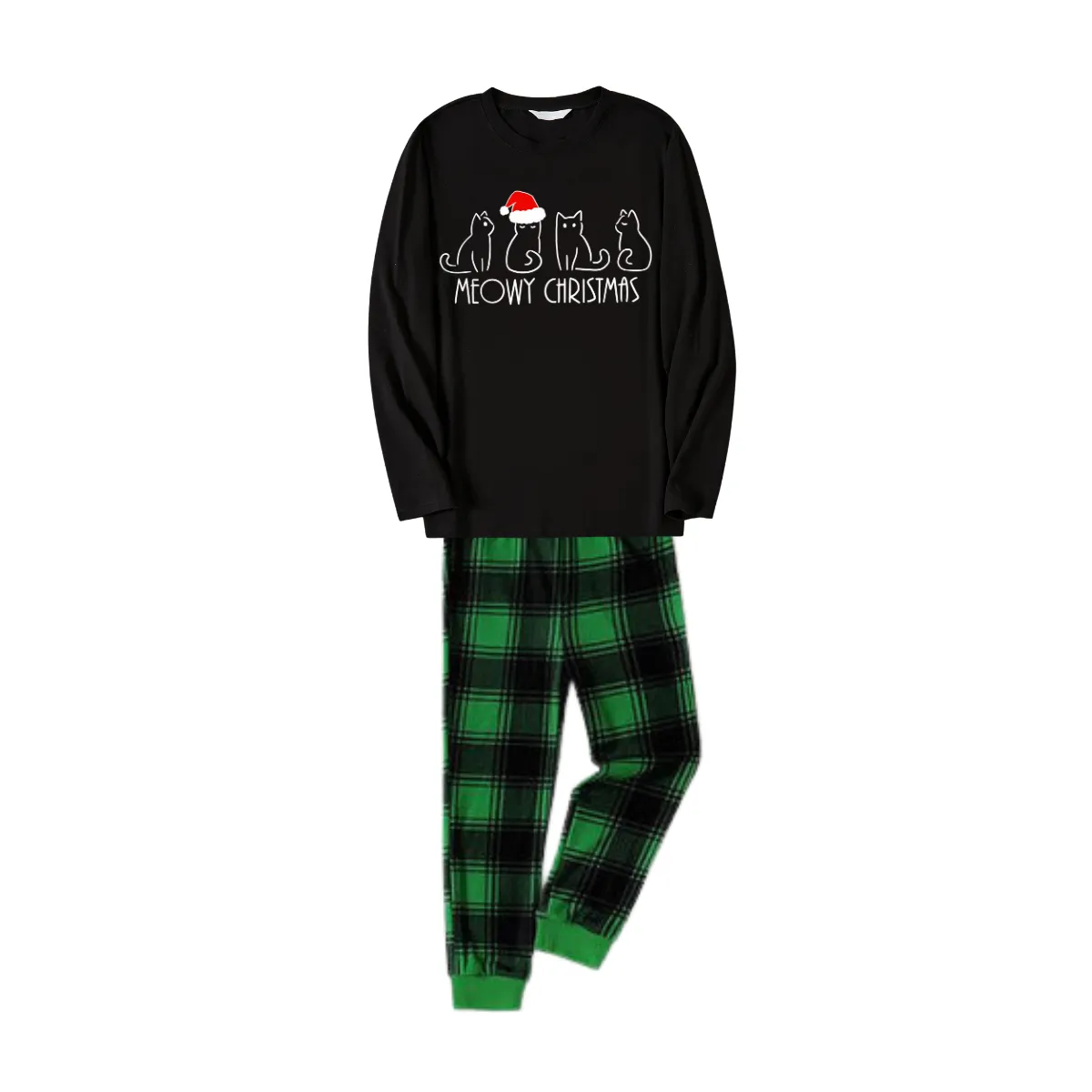 Christmas Cartoon Cat Print Black Long Sleeve Top with Green and Black Plaid Family Matching Pajamas