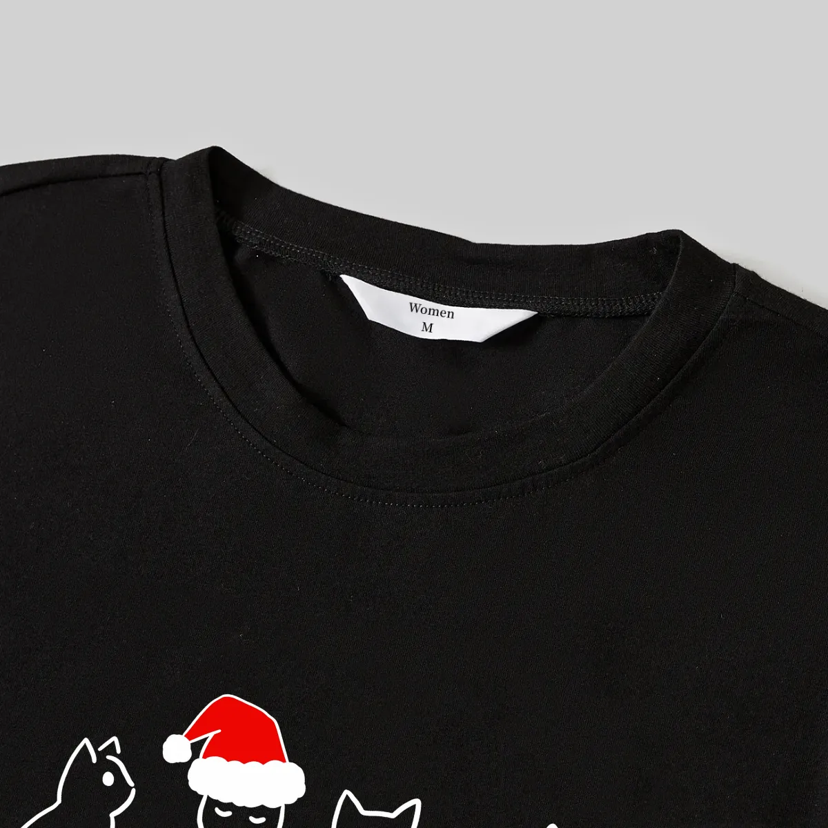 Christmas Cartoon Cat Print Black Long Sleeve Top with Green and Black Plaid Family Matching Pajamas