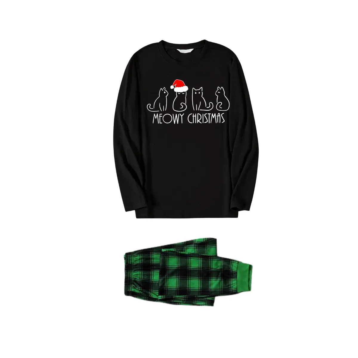 Christmas Cartoon Cat Print Black Long Sleeve Top with Green and Black Plaid Family Matching Pajamas