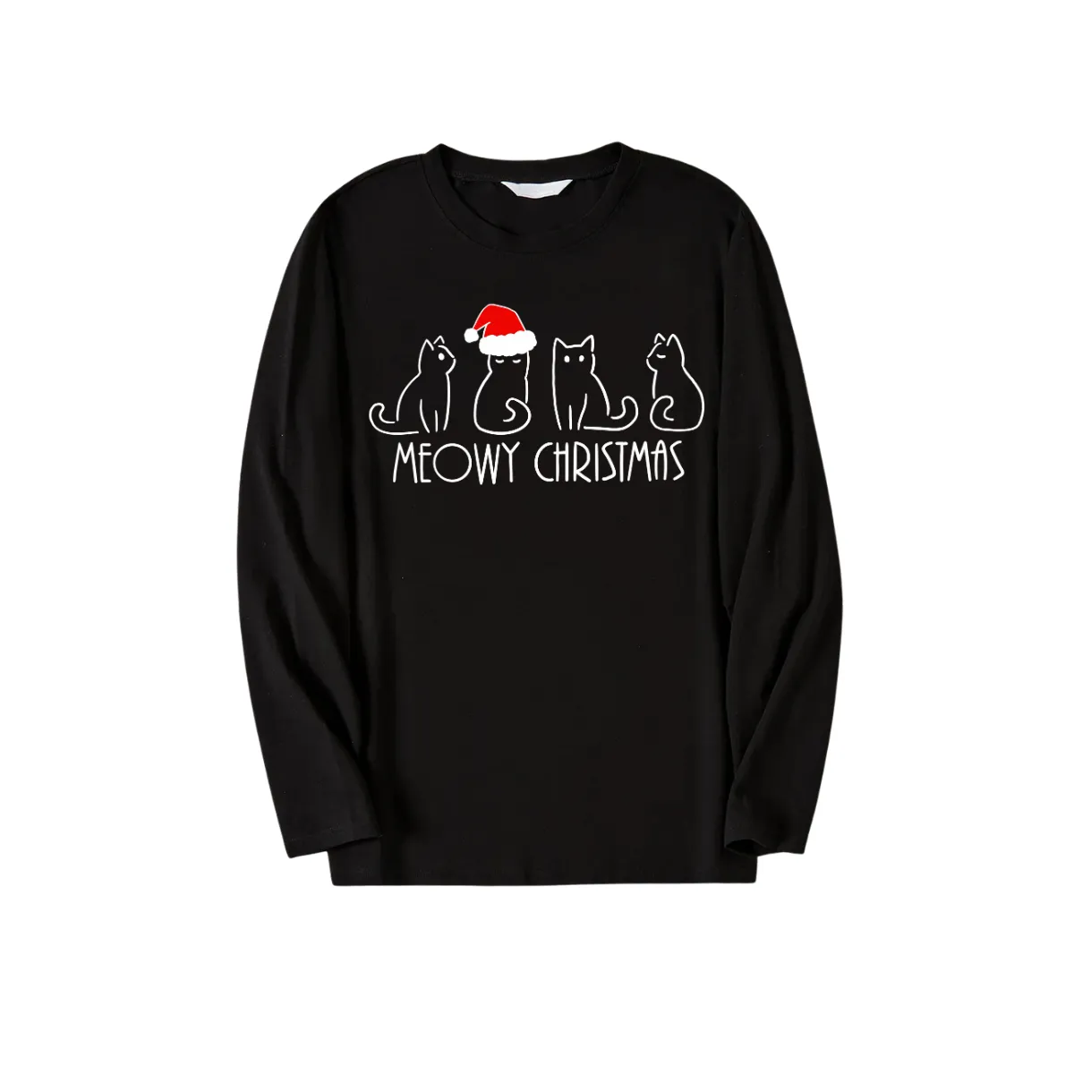 Christmas Cartoon Cat Print Black Long Sleeve Top with Green and Black Plaid Family Matching Pajamas