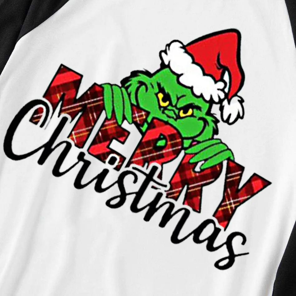 Christmas Cartoon Face ‘Merry Christmas'  Print Splice Contrast Top and Plaid Pants Family Matching Pajamas Sets