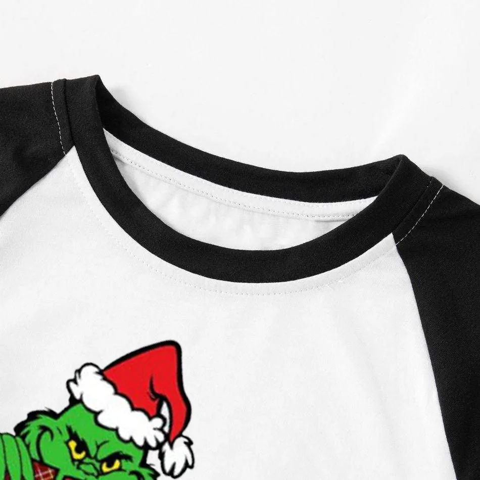Christmas Cartoon Face ‘Merry Christmas'  Print Splice Contrast Top and Plaid Pants Family Matching Pajamas Sets