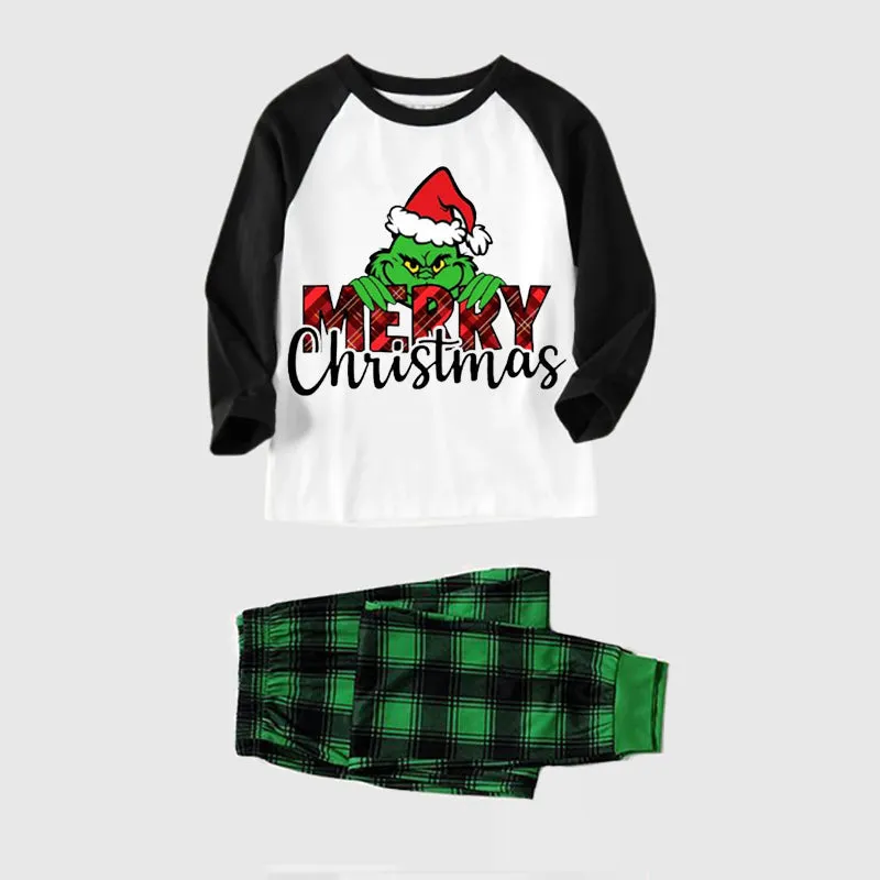 Christmas Cartoon Face ‘Merry Christmas'  Print Splice Contrast Top and Plaid Pants Family Matching Pajamas Sets