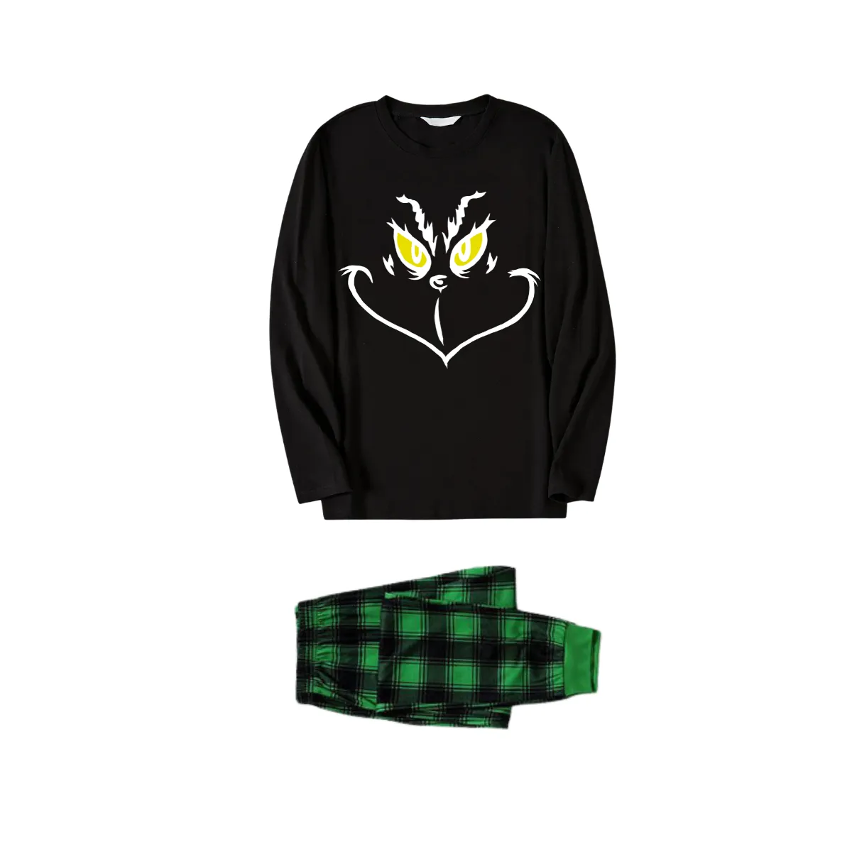 Christmas Cartoon Face Print Black Long Sleeve Top with Green and Black Plaid Family Matching Pajamas