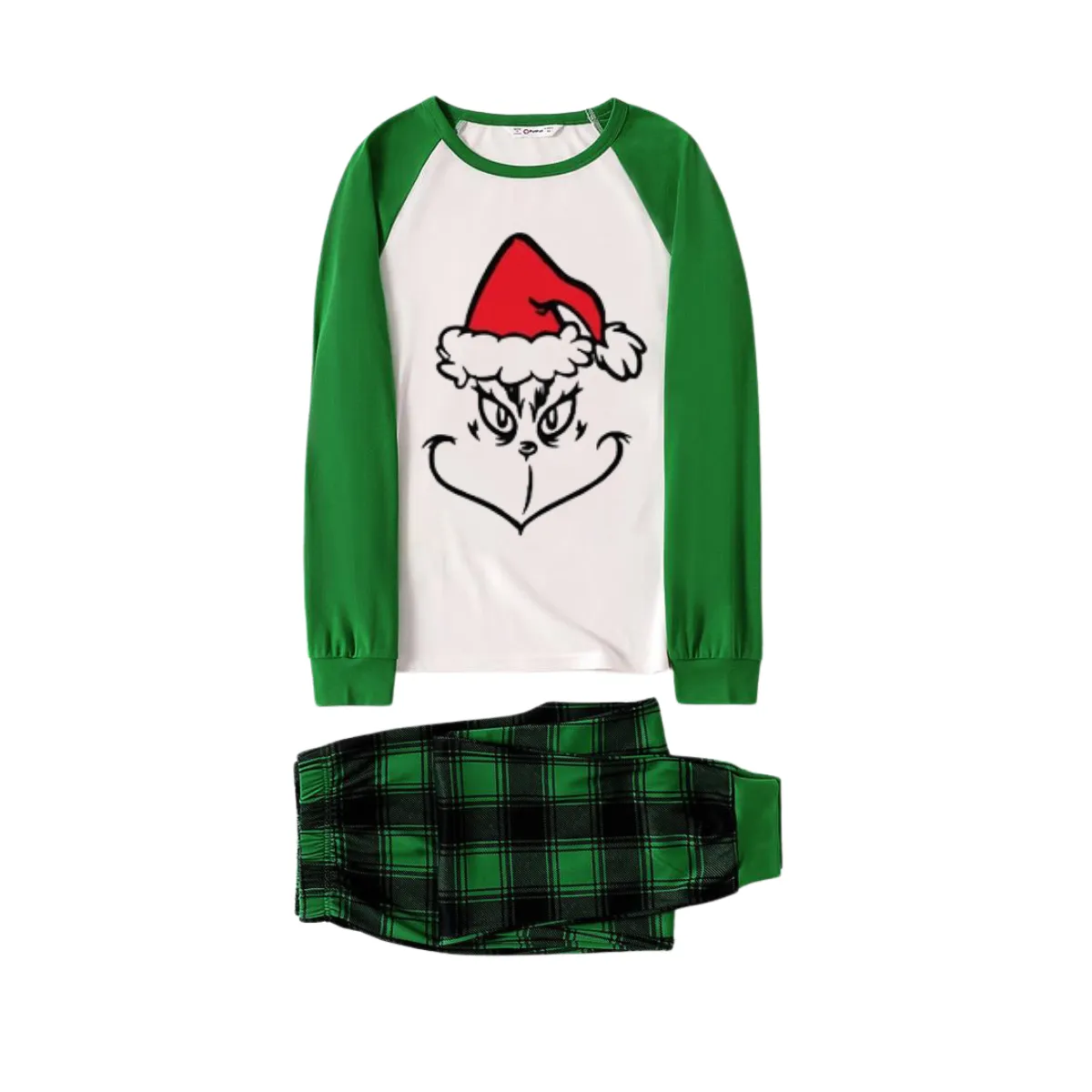 Christmas Cartoon Face Print Long Sleeve Top With Green & Black Plaid Family Matching Pajamas