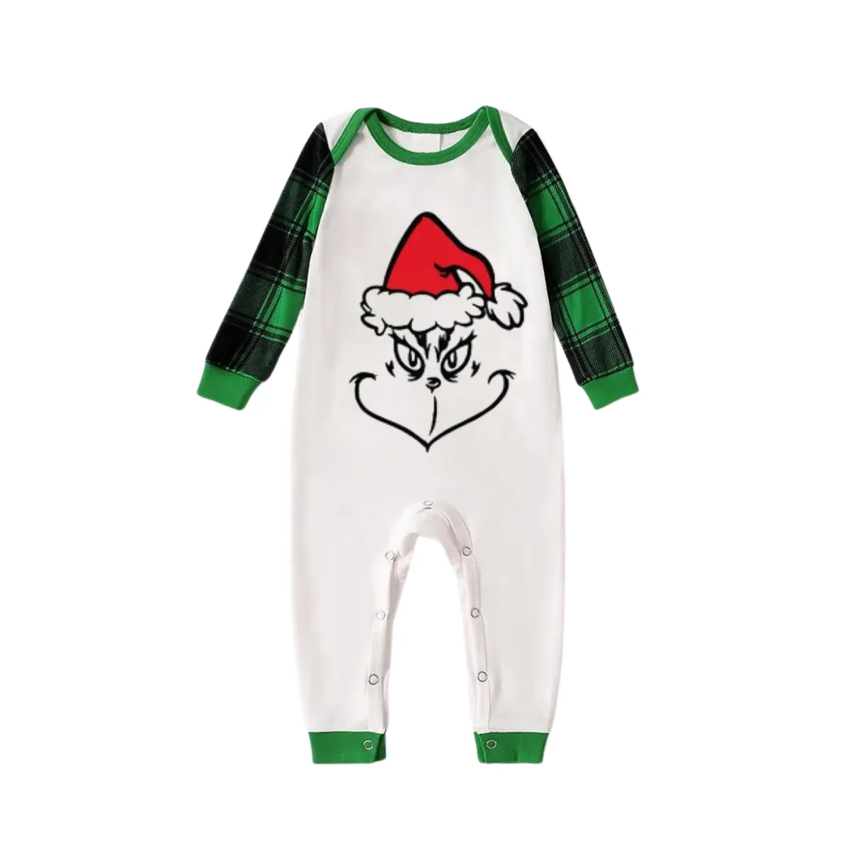 Christmas Cartoon Face Print Long Sleeve Top With Green & Black Plaid Family Matching Pajamas