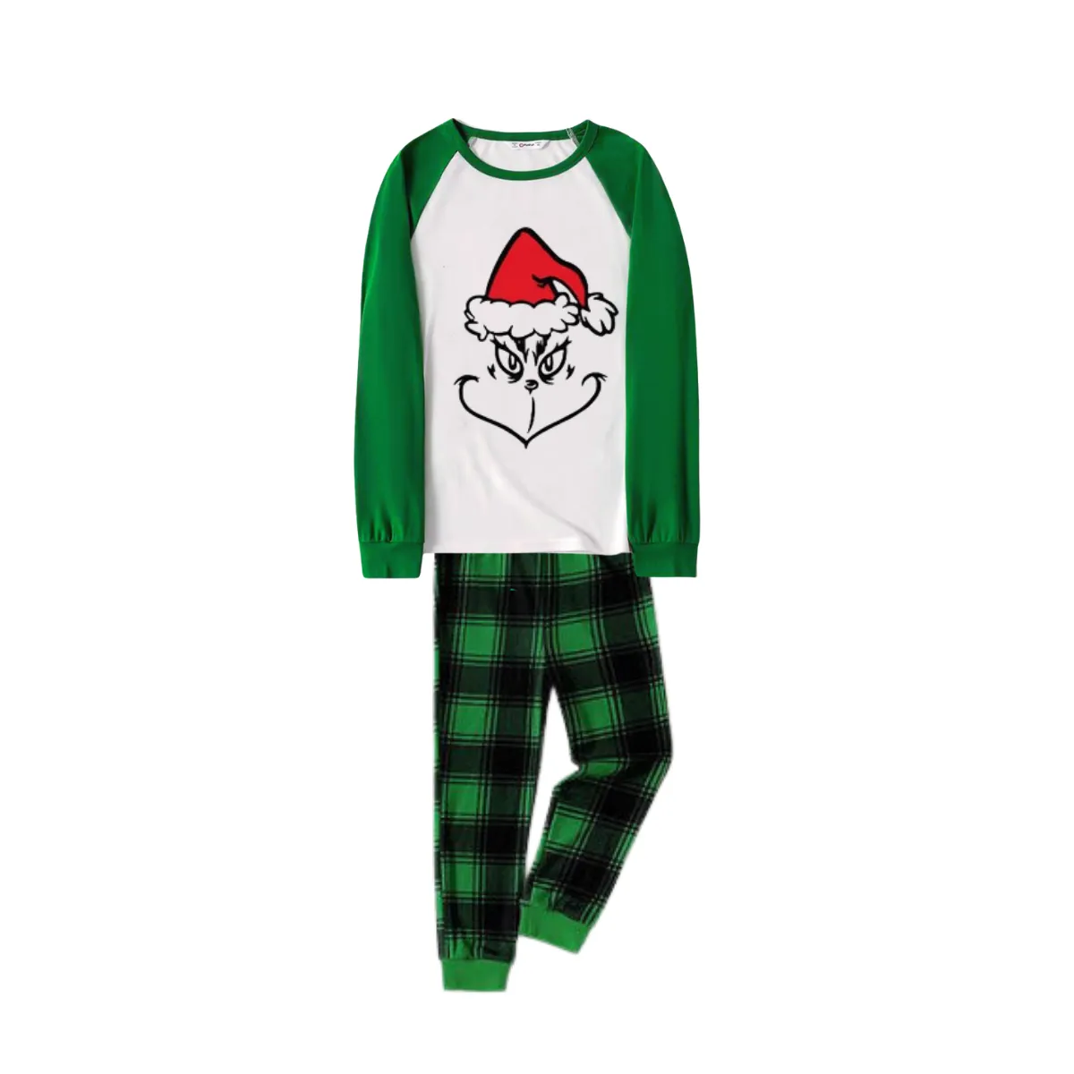 Christmas Cartoon Face Print Long Sleeve Top With Green & Black Plaid Family Matching Pajamas
