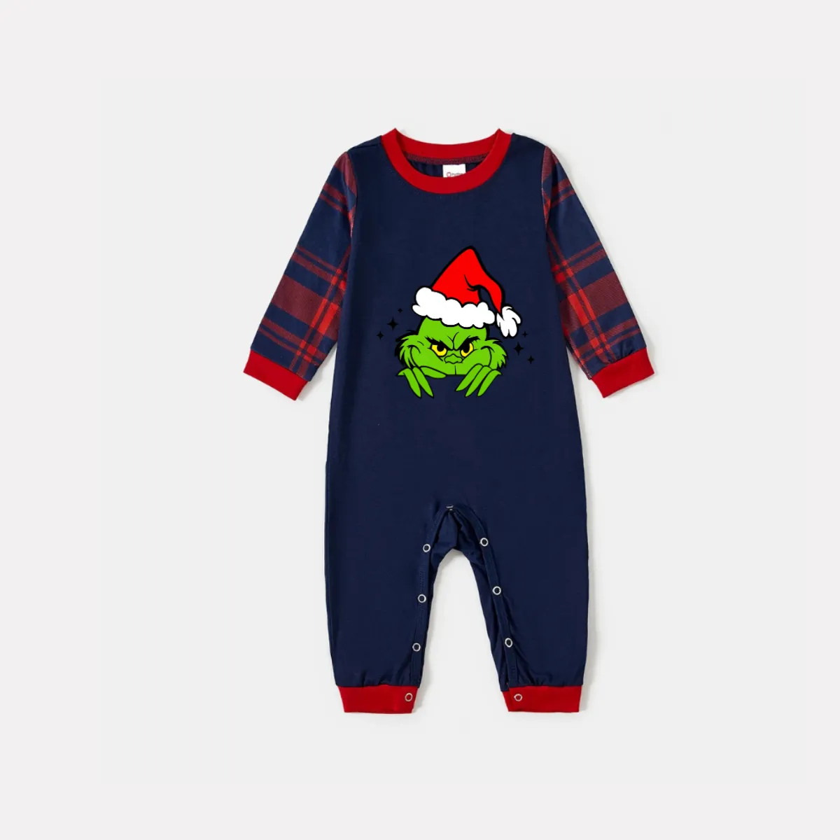 Christmas Cartoon Print Blue Long Sleeve Top with Red & Blue Plaid Christmas Couple Matching Pajamas