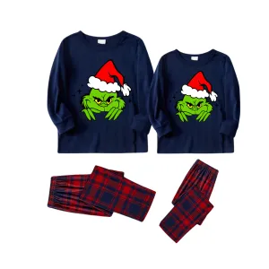 Christmas Cartoon Print Blue Long Sleeve Top with Red & Blue Plaid Christmas Couple Matching Pajamas