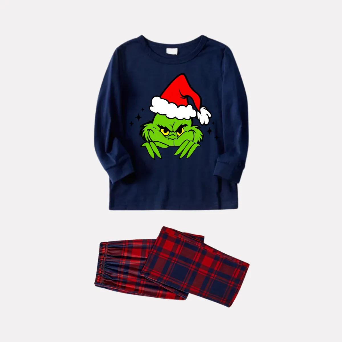 Christmas Cartoon Print Blue Long Sleeve Top with Red & Blue Plaid Christmas Couple Matching Pajamas