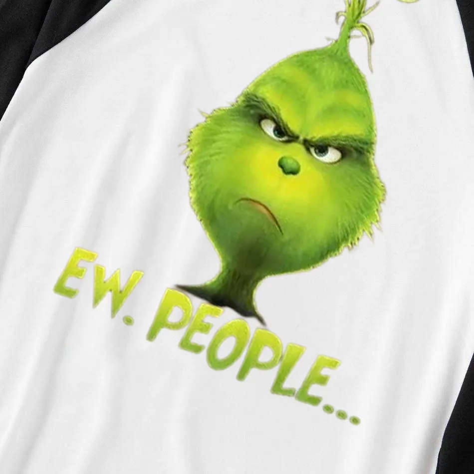 Christmas Cute Cartoon And 'Ew.People...' Letter Print Splice Contrast Top and Black and Green Plaid Pants Family Matching Pajamas Sets