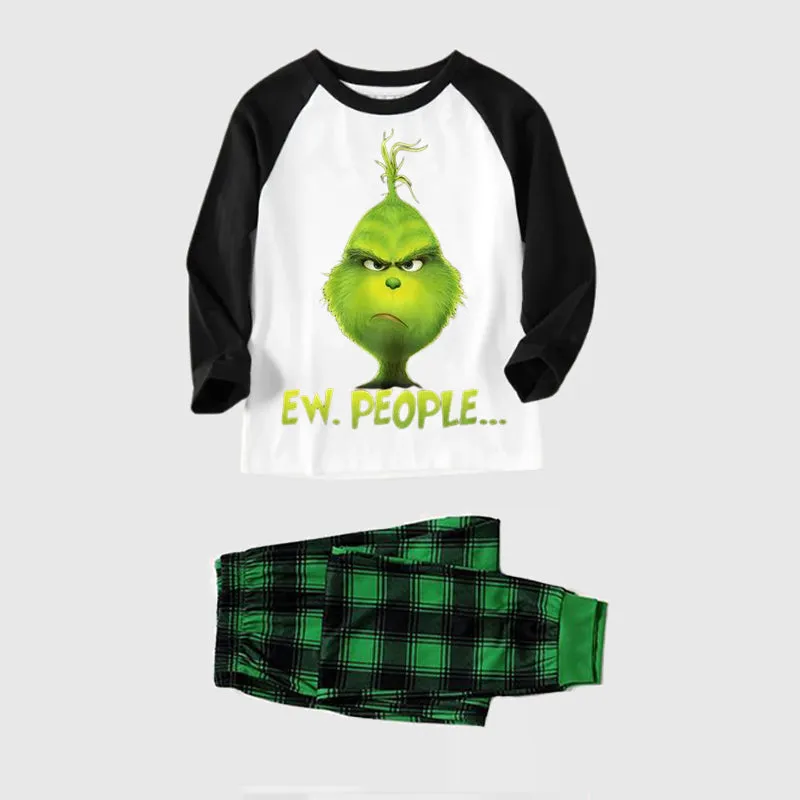 Christmas Cute Cartoon And 'Ew.People...' Letter Print Splice Contrast Top and Black and Green Plaid Pants Family Matching Pajamas Sets