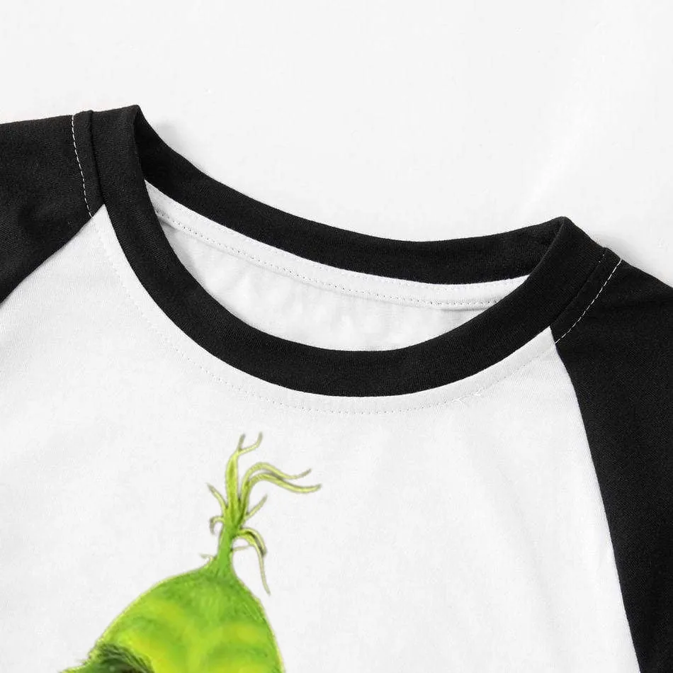 Christmas Cute Cartoon And 'Ew.People...' Letter Print Splice Contrast Top and Black and Green Plaid Pants Family Matching Pajamas Sets