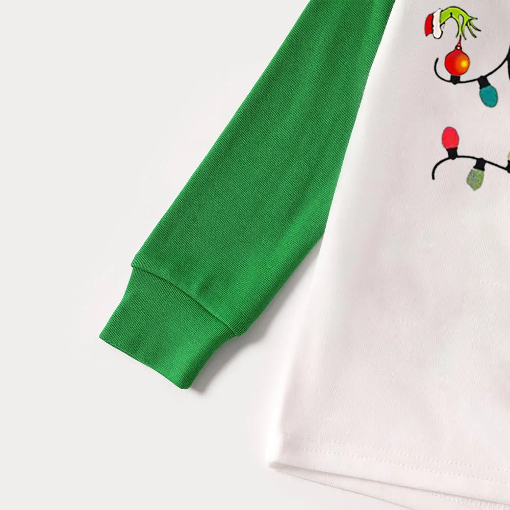Christmas Cute Cartoon Bulb Print and 'Merry and Light’ Letter Print Casual Long Sleeve Sweatshirts Green Contrast Tops and Black and Green Plaid Pants  Family Matching Raglan Long-sleeve Pajamas Sets